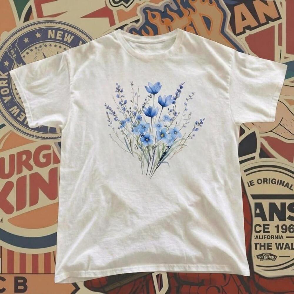 Blue Floral Print Tee With Blue Flowers And Green Stems